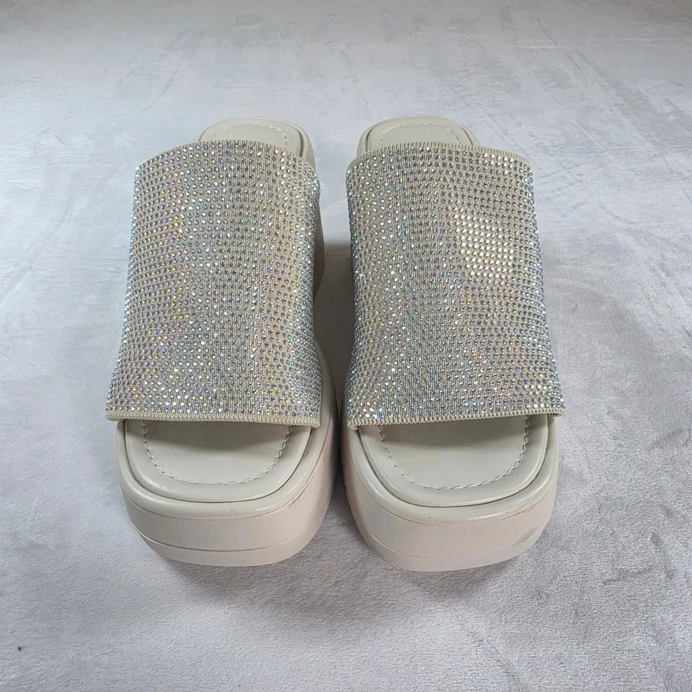 Soda Select Womens Rhinestone Embellished Platform Wedge Slide Sandals Beige 7.5